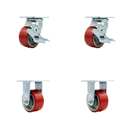 4 Inch Red Poly on Cast Iron Caster Set with Ball Bearings 2 Brakes 2 Rigid SCC